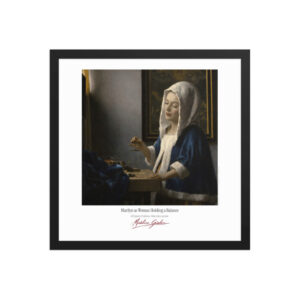 Vermeer Woman Holding a Balance Framed Print White Ed. 16x16" | MARILYN100 Cyberpainting - Black frame