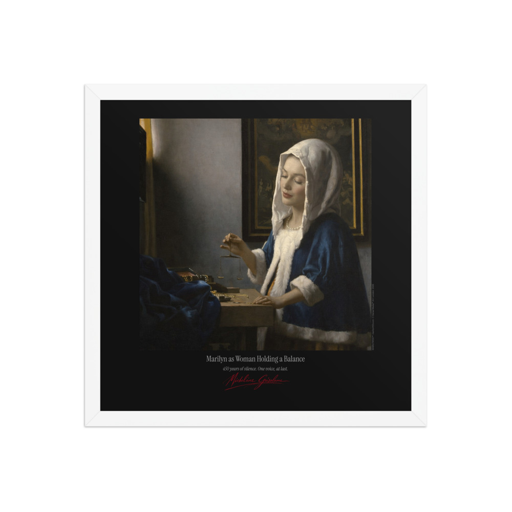 Vermeer Woman Holding a Balance Framed Print Black Ed. 16x16" | MARILYN100 Cyberpainting - White frame